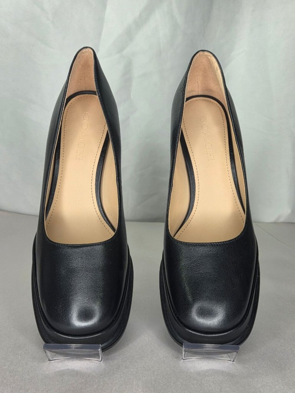 COACH Sculpted Block Heel Black Leather Pumps, Size: 8 B - Picture 2 of 8
